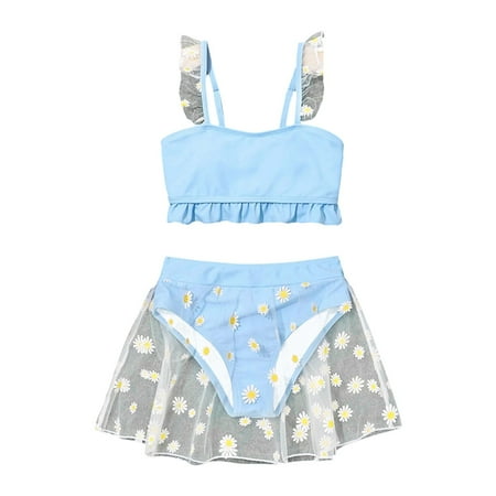 UAYOTSE Girl s 2 Pieces Swimsuits Spaghetti Strap Cute Bikini Set With Cover Up Floral Skirt 9-10 Years Light Blue