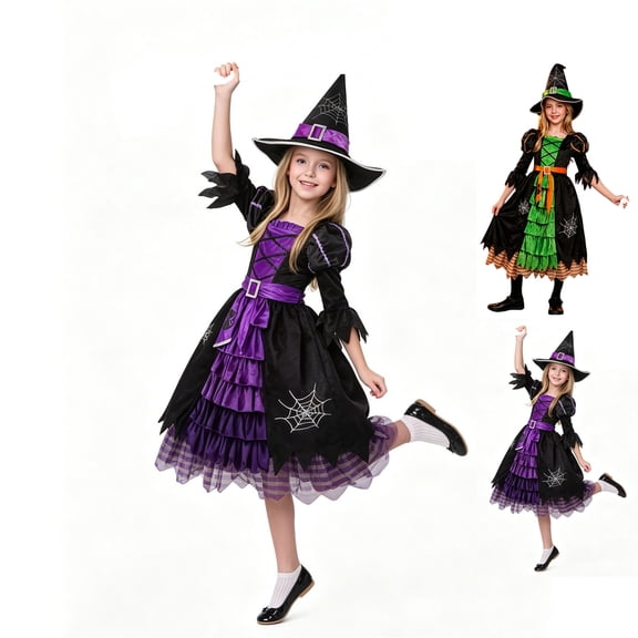 Witch Kids Dresses Hats Witch Outfit Set Girl Halloween Outfit Dress Party Girls Size 3-12 Years