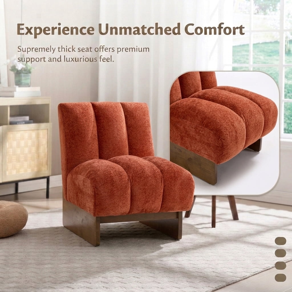 MOONMISS Modern Chenille Fabric Armchair with Wood Legs, Comfy Upholstered Reading Accent Chairs for Living Room,Orange