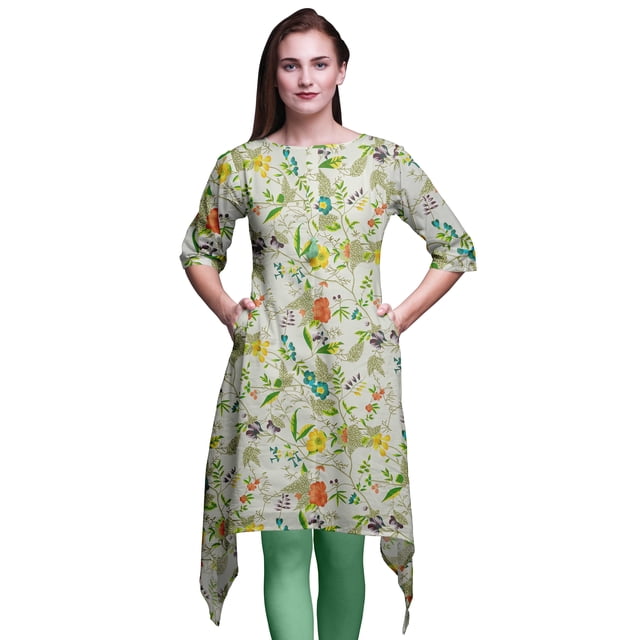 Bimba Kurti Asymétrique à Imprimé Floral et Feuilles Vertes pour Femmes, Robe d'Été Indienne Tunique Grande