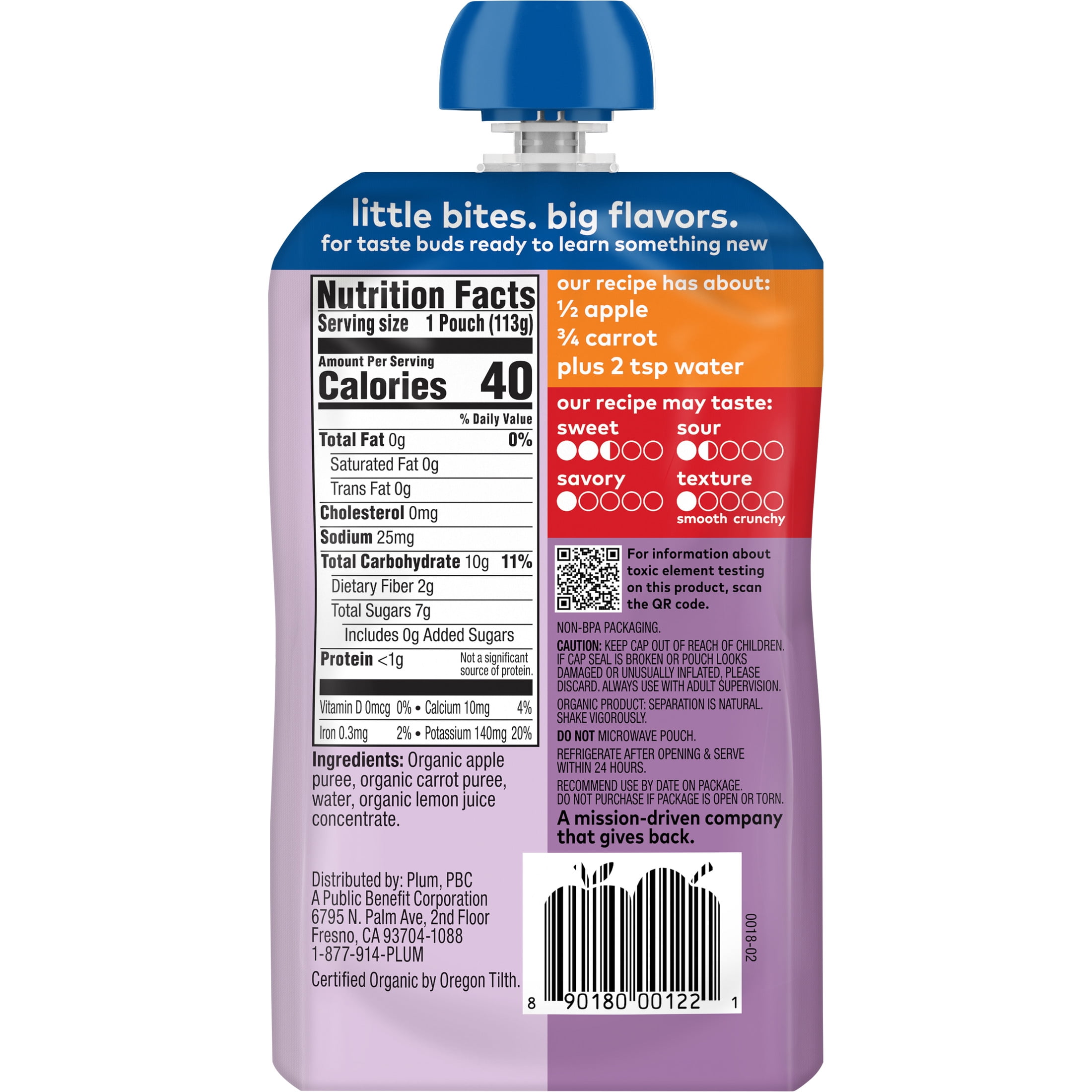 (12 pack) Plum Organics Stage 2 Organic Baby Food Apple + Carrot 4oz Pouch