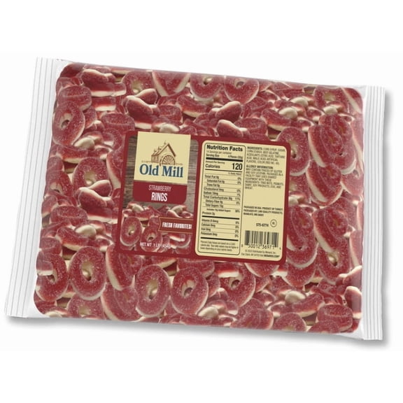 Old Mill Strawberry Rings Chewy Gummy Fruit Flavored Candy Sugar Coated, 16 Ounce Bag