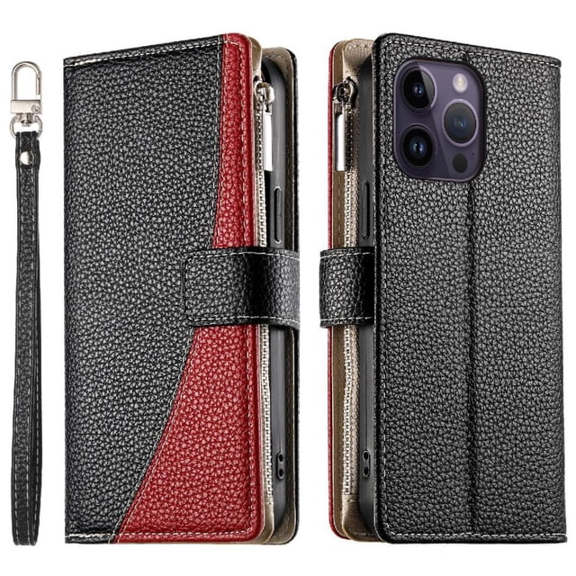 Funda cartera GANGXUN para iPhone 14 Pro Max , cuero PU con tarjetero, cremallera, correa de mano, soporte y protección 703°