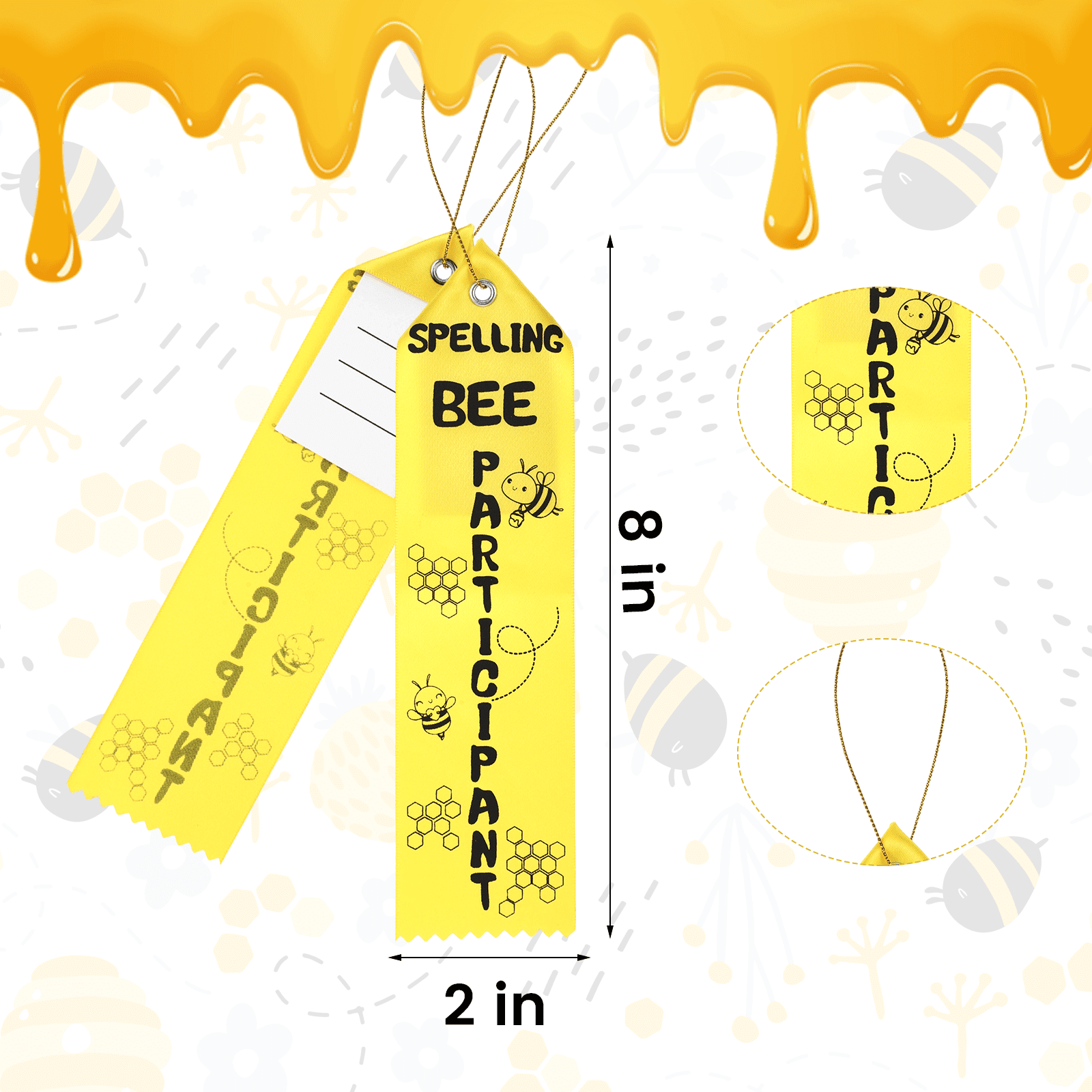 100Pcs Spelling Contest Reward Ribbons, Yellow Bee Theme with Matching Cards and Lanyards, Cute Eye-Catching Participant Ribbons for Contest Rewards Display and Gifting