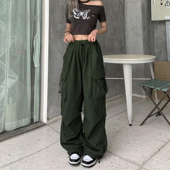 Pxiakgy Women Cargo Pants Baggy Y2K Clothing Multi Pockets High Waist Loose Straight Leg Pants Vintage Grunge Aesthetic Clothes Baggy Fit Cargo Pants with Pockets Green 3XL