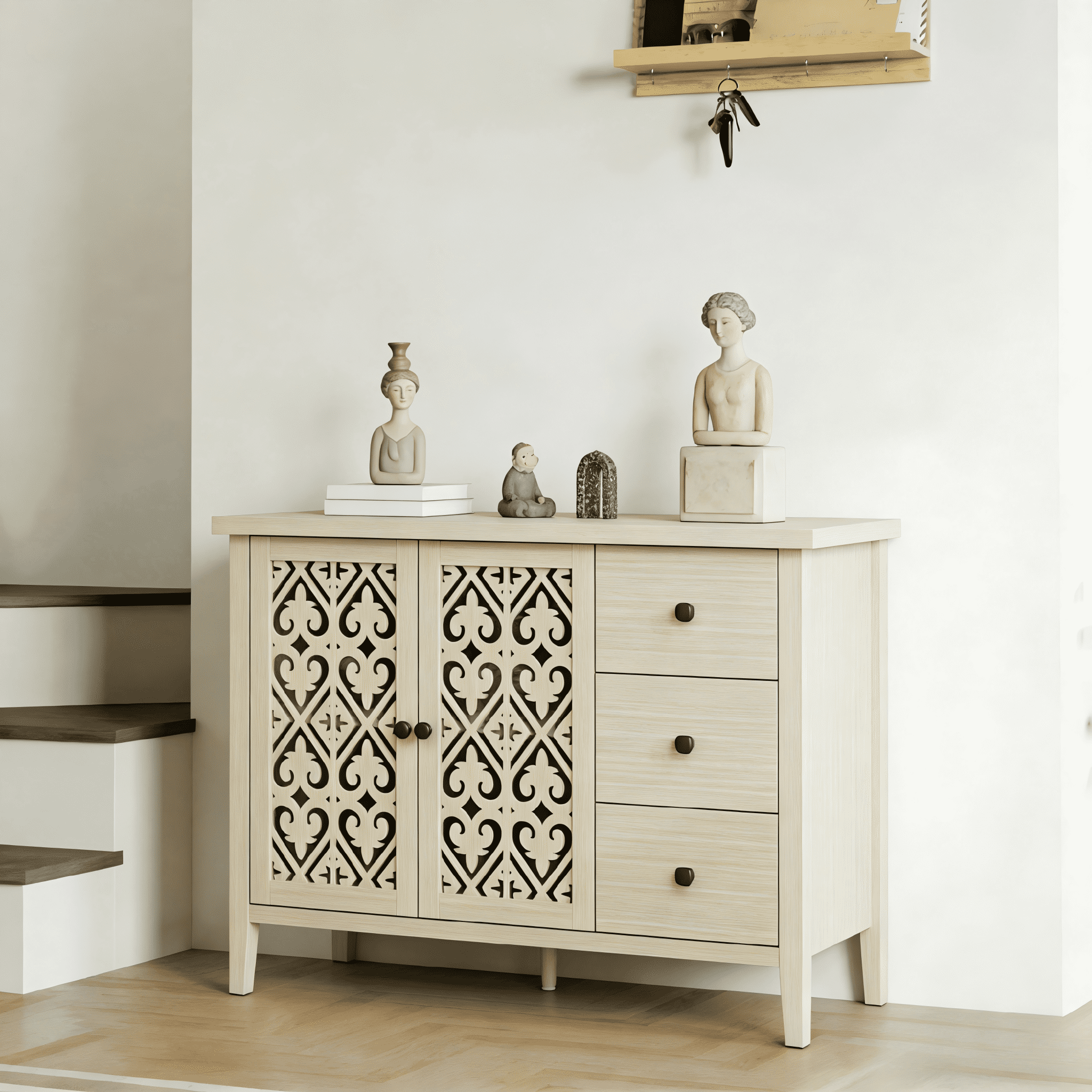 Gewnee Hollow-Design 2-Door 3-Drawer Cabinet, Classic American Style Storage for Bedroom, Living Room and Study