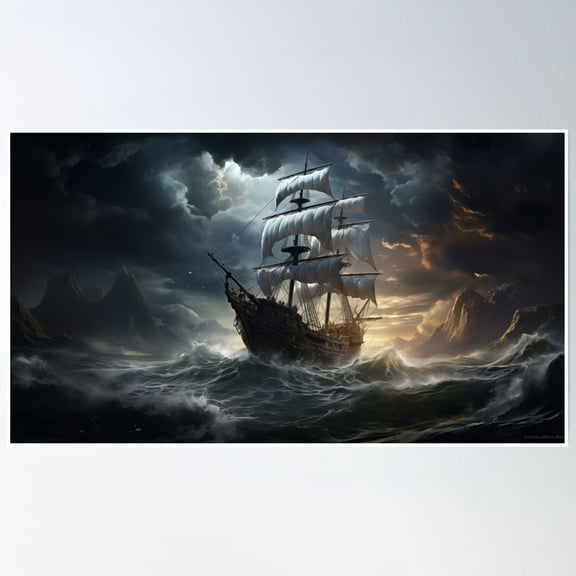 Stormy Seas Ominous Sky Pirate Ship Poster Wall Art, Modern Wall Decor, 8x12 UNFRAMED