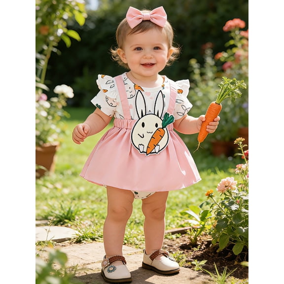 HWJAD My 1st Easter Outfit Newborn Baby Girl Infant Girls Bunny Short Sleeve Romper Jumpsuit Dress Headband Summer Outfits
