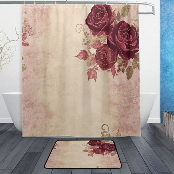 Bath Curtain & Non-Slip Bath Mat Set 12-Grommet Shower Curtain Memory Foam Bath Rug Roses and Leaves