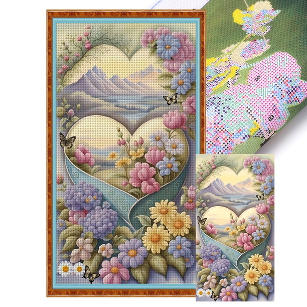 Hilo de bordar de algodón ecológico completo, punto de cruz con paisaje de rosas de amor de 11CT, 40x70cm