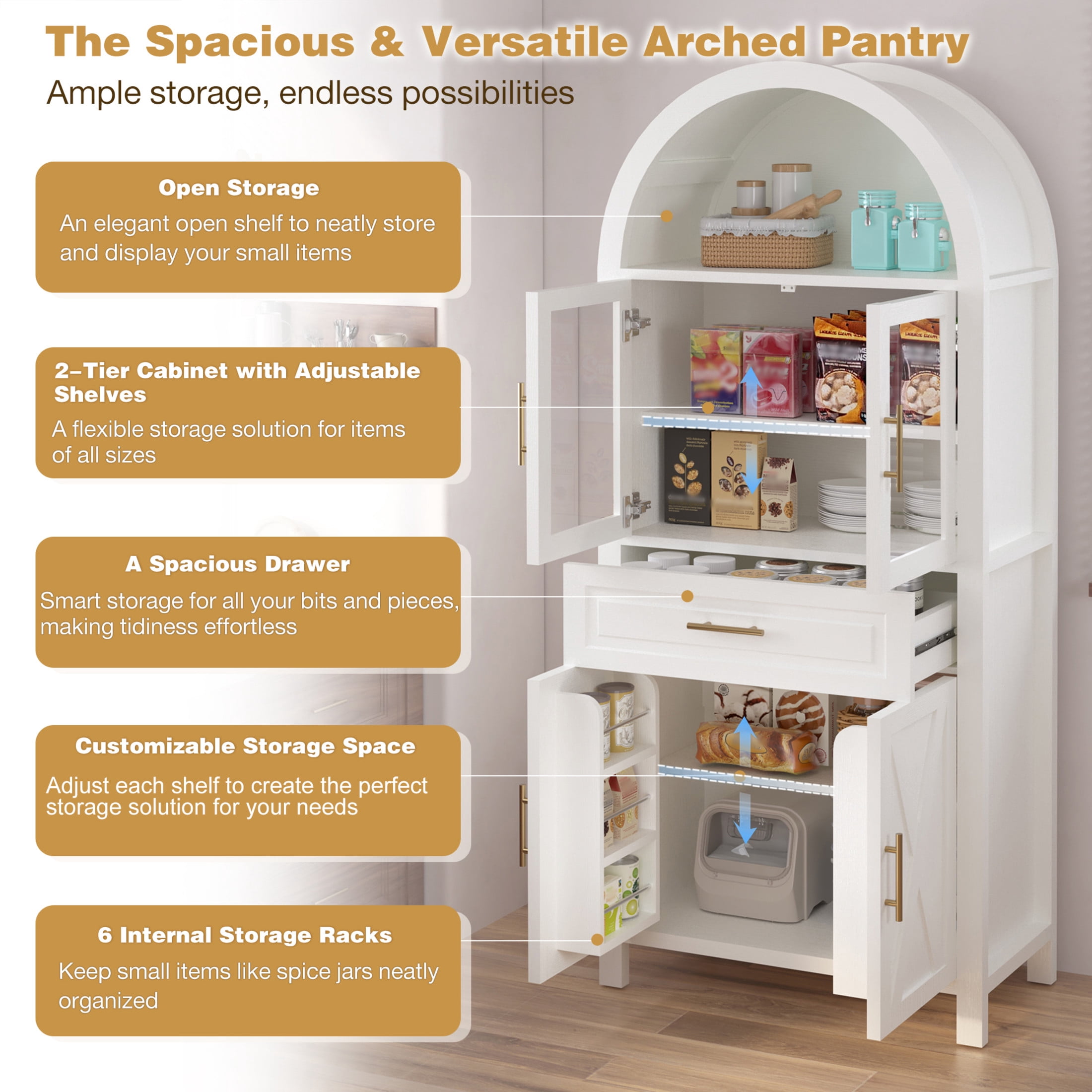 Noble House 71" Farmhouse Pantry Cabinet with Glass Doors, Adjustable Shelves and Built-In Racks, White
