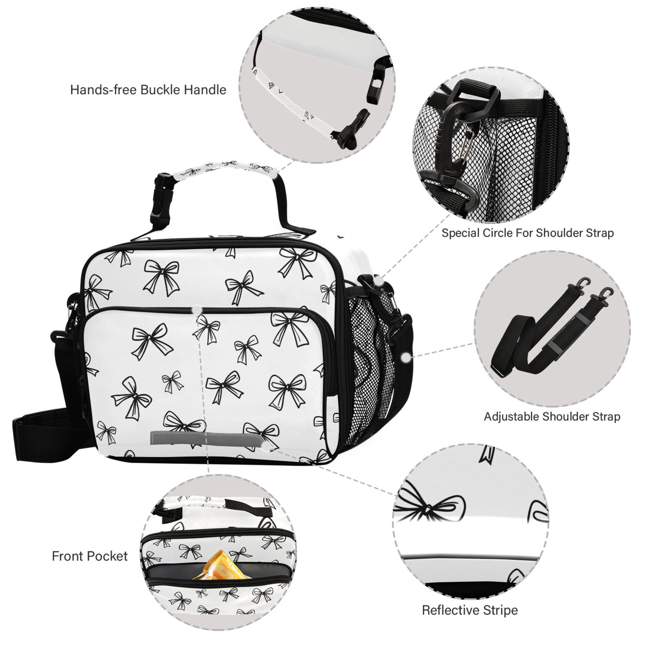 ALAZA Line Bows Lunch Box Insulated Cooler Bag Reusable Tote Bags Shoulder Strap