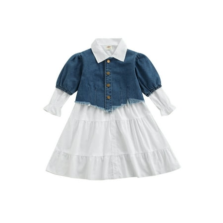 

Bebiullo Kids Baby Girls Long Sleeve Dress and Coat Fashion Solid Color Shirt Dress and Denim Cropped Tops 1-2 Years