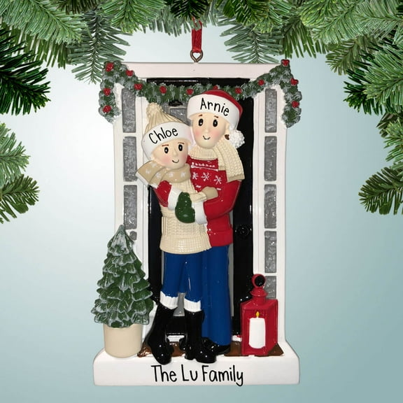 Couple at Front Door with Garland - Personalized Christmas Ornaments - Family of 2,3,4,5 - New Home - Moving In - First House - Great Gift Ideas