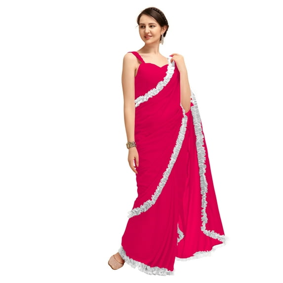 Women's Georgette Partywear Saree Ruffle Frill Sari with Readymade Blouse , Color: dark pink | Size: 38