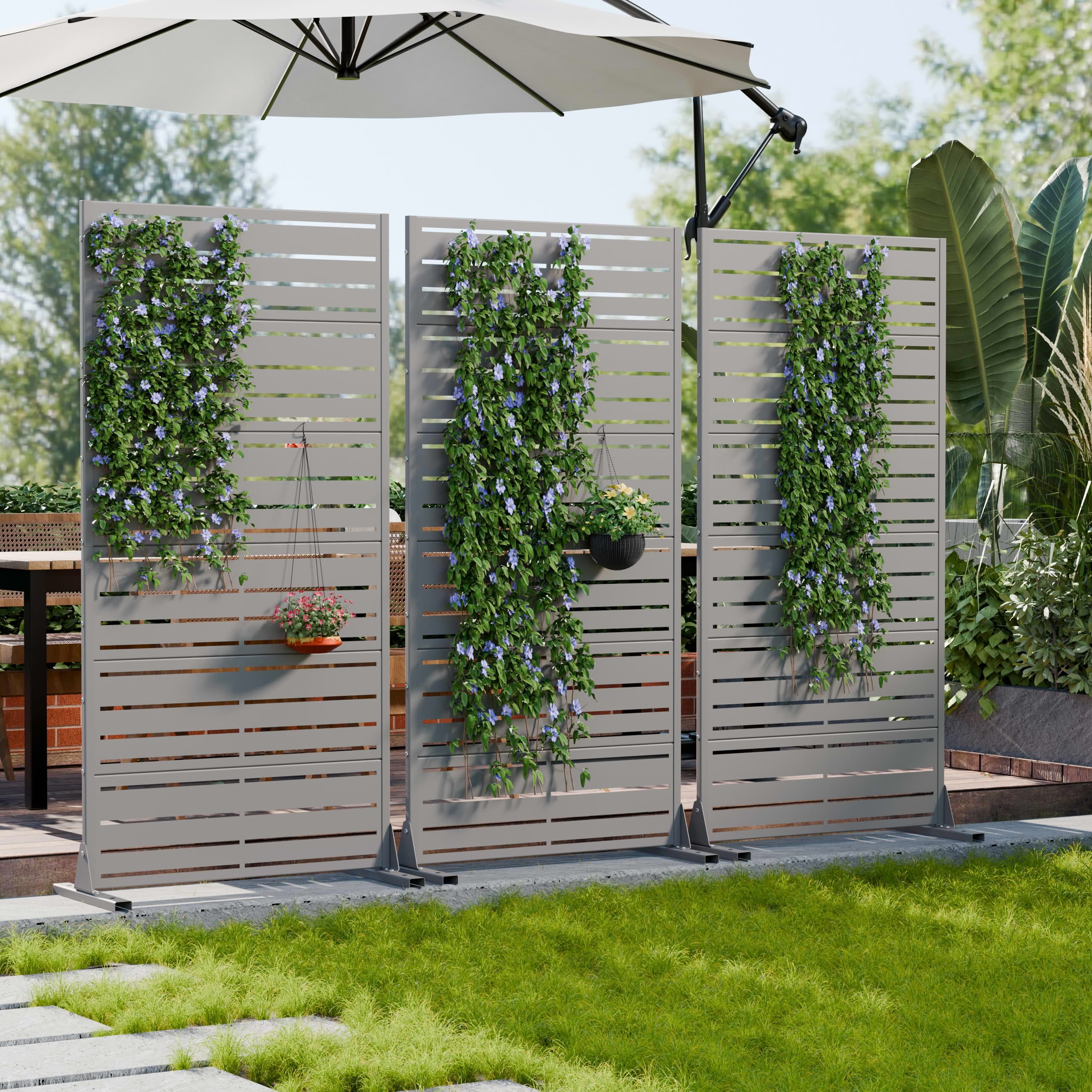 MAYEERTY Outdoor Metal Privacy Screen 6ft × 3ft Gray, 6-Panel Wide-Narrow Louvered, Rust-Resistant for Balcony