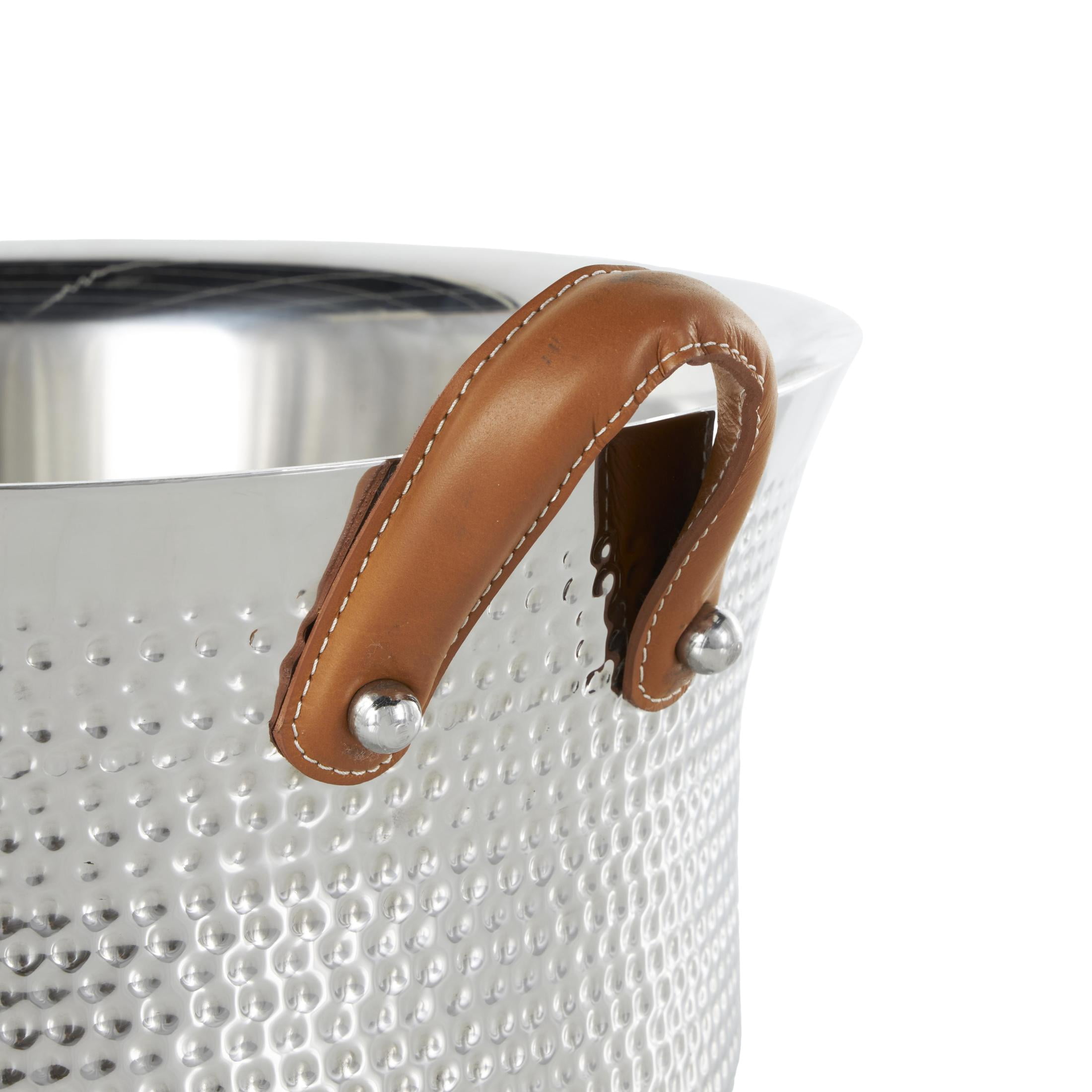 DecMode Round Stainless Steel Metal Hammered Silver Ice Bucket with Brown Leather Handles