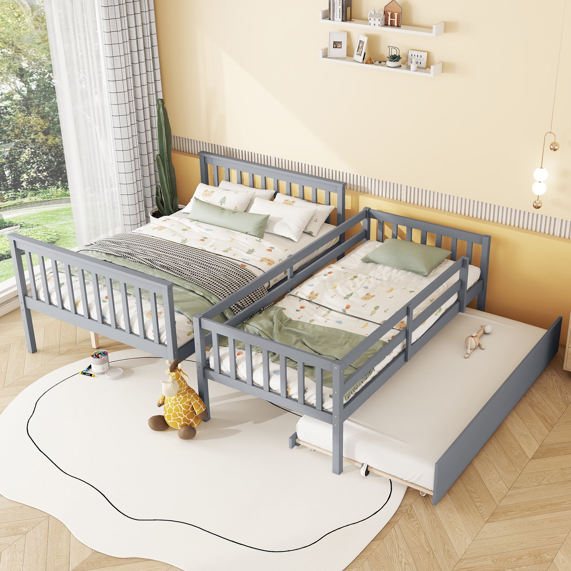 Sailvan Bunk Bed Twin Over Twin with Convertible Ladder and Guardrail, Convertible Bed