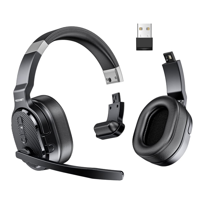 TECKNET Bluetooth Trucker Headset, Single and Dual Ear Wireless Headset with Mic for Work Noise Cancelling, 40Hrs 3 EQ Music Modes Trucker Bluetooth Headset for PC, Drivers, Office, Call Center Work