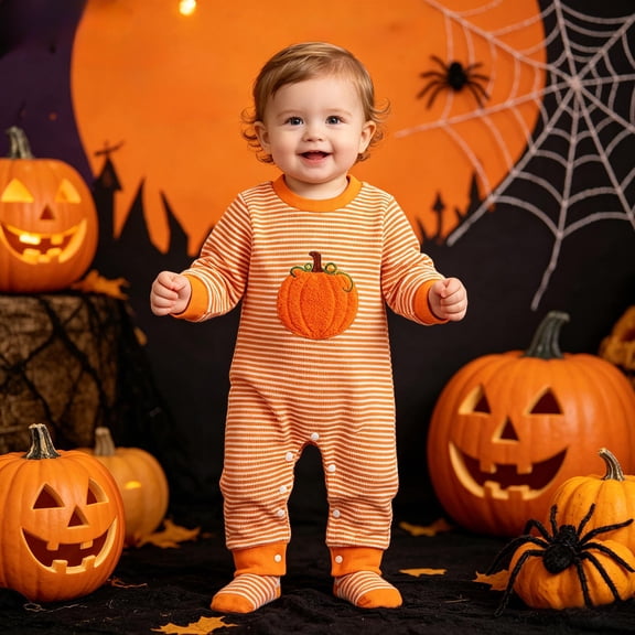 Bigetiay Boys Knit Long Sleeve Bodysuit Pumpkin Embroidery Striped Halloween Romper Toddler Baby Boy Halloween Outfit, Size 0-3 Months