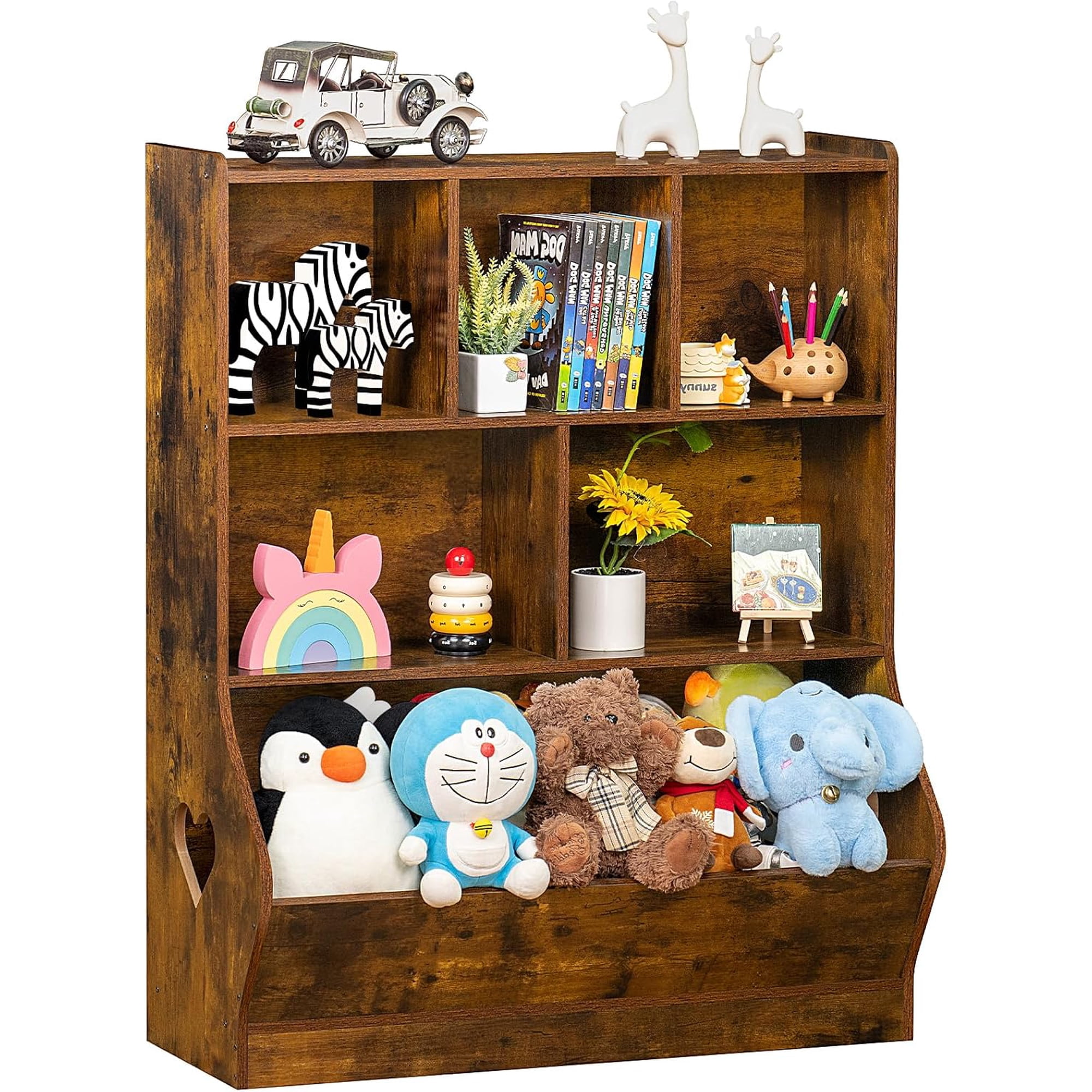 Sunny Lane Kids Toy Storage Organizer, 3 Tier Children Small Bookcase and Bookshelf, Toddler 7 Cubby Toy Storage Cabinet, Toy Shelf for Playroom,Bedroom,Living Room, Nursery, School 29.53'' H (Brown)