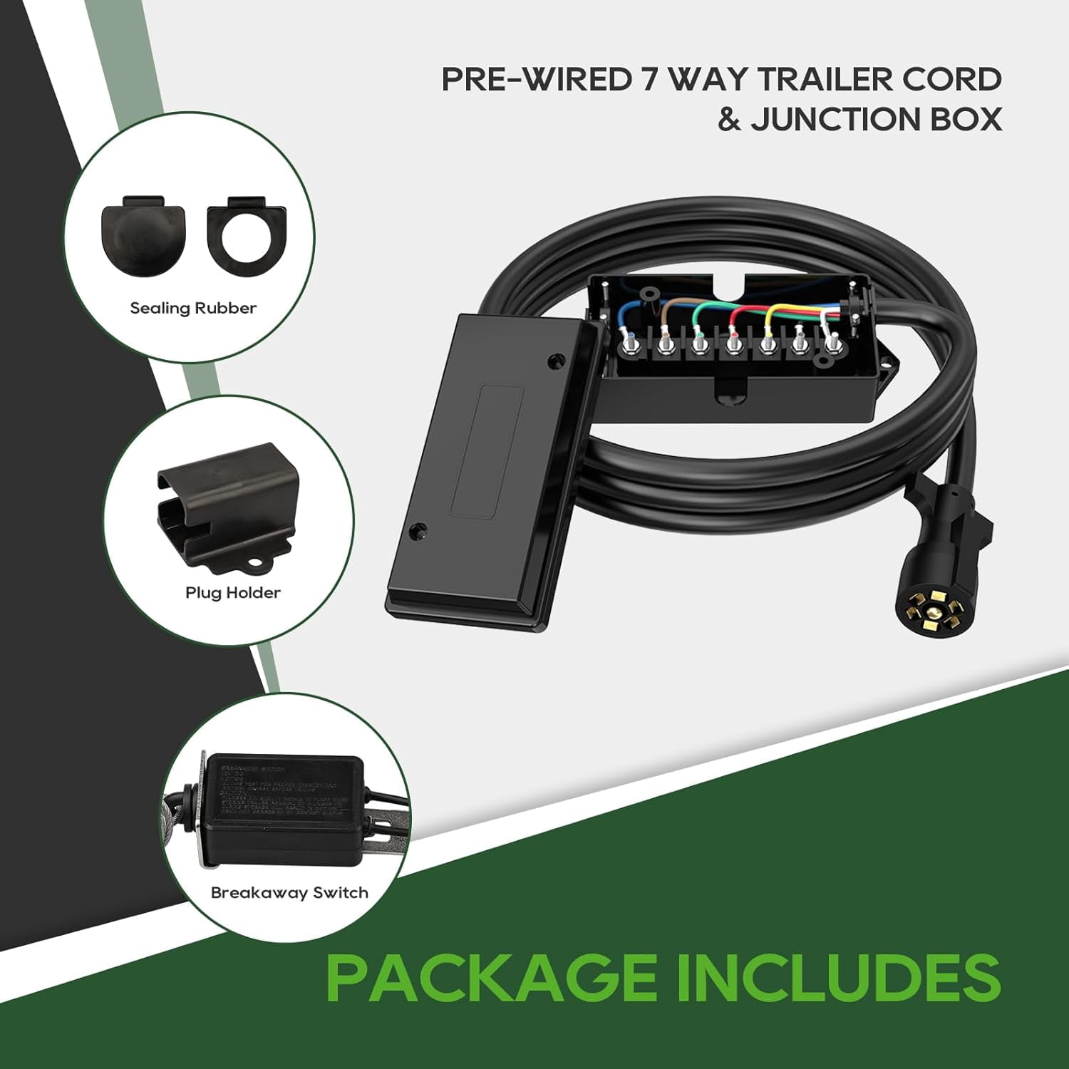RVGUARD 7 Way 8 Foot Trailer Cord with 7 Gang Junction Box Kit, Include 12V Breakaway Switch and Plug Holder, Trailer Connector Cable Wiring Harness with Waterproof Junction Box