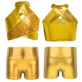thumbnail image 3 of TiaoBug Kids Girls Cheerleading Outfits Shiny Sequin Sleeveless Crop Top and Metallic Shorts Set Dancewear Gold 16, 3 of 6