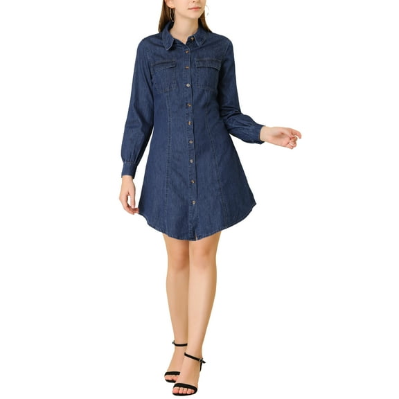 INSPIRE CHIC Women's Bishop Sleeve Chest Pocket Casual Denim Shirt Dress Dark Blue M