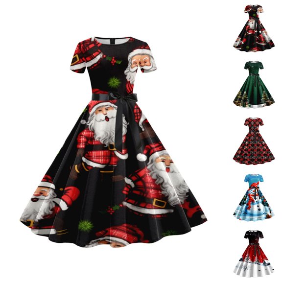 Women’s Christmas Swing Dress, Short Sleeve Retro Print 1950s Party Dress, Festive Holiday Outfit for Celebrations