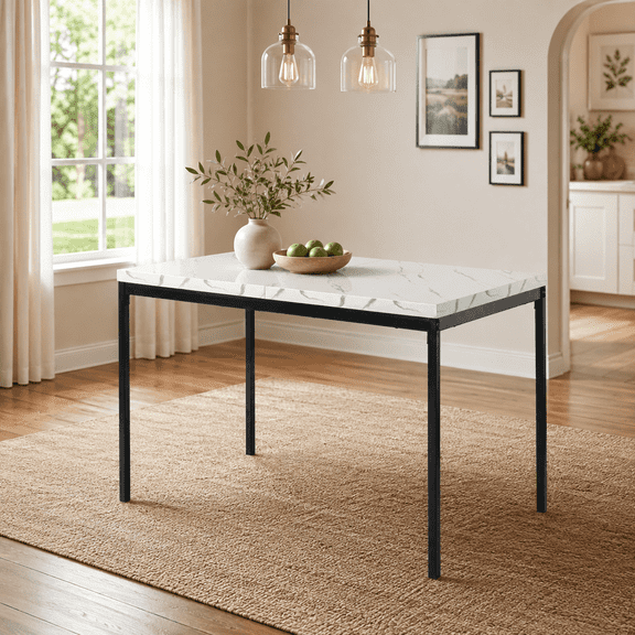 Homy Casa 47-Inch Rectangular Dining Table for 4, White Faux Marble Top with Black Metal Legs