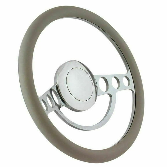14 Inch Polished Nostalgia Steering Wheel with Grey Vinyl Grip and Horn Button