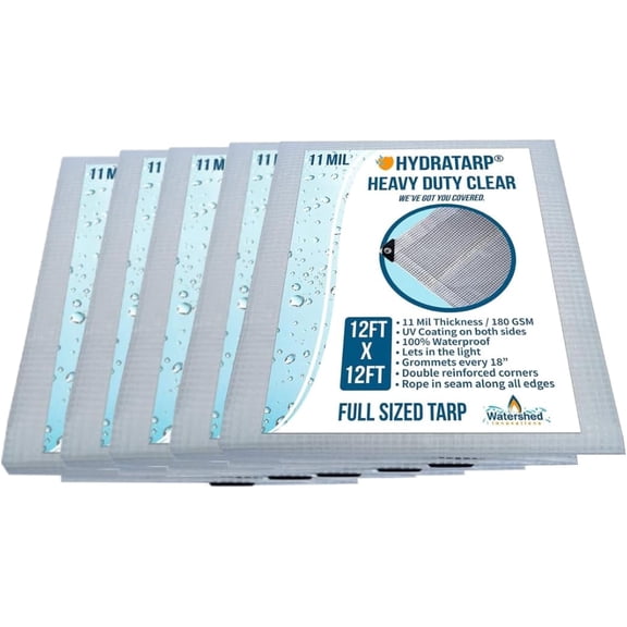 Hydratarp Clear 12ft x 12ft Bulk 5 Pack Bundle - 11 Mil Thick Greenhouse Tarps for Patios, Greenhouses, and More