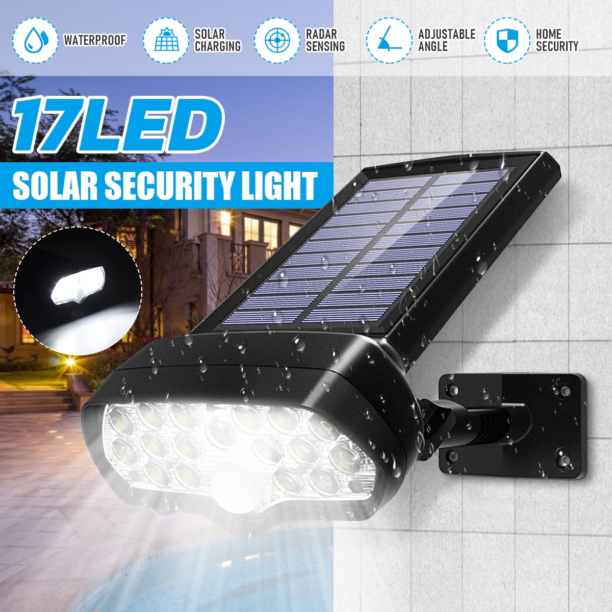 17 LED Solar Flood Light PIR Motion Sensor Outdoor Security Spot Yard Wall Lamp 