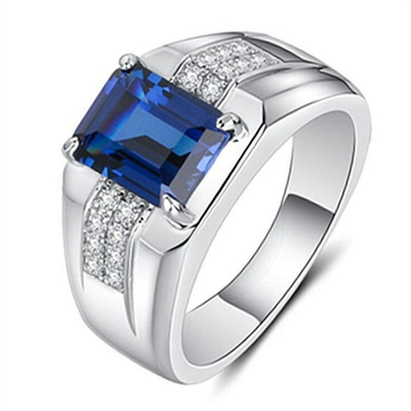 Mens Sapphire Ring, Emerald Cut Blue Sapphire Diamond Ring For Men, Signet Mens Ring, 14K White Gold Plated, 2.5 Ct Simulated Diamond And Sapphire, Anniversary Gift Ring For Husband