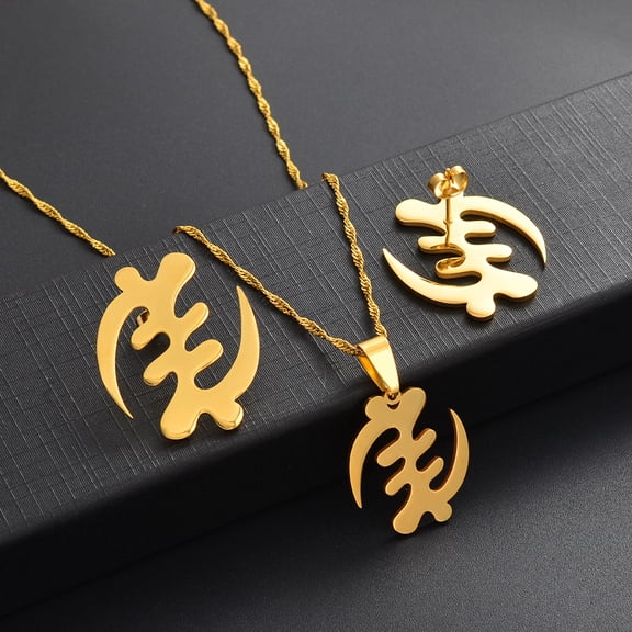 African Symbol Necklaces Stud Earrings Sets 14k Yellow Gold Adinkra Gye Nyame Ethnic Jewelry Sets
