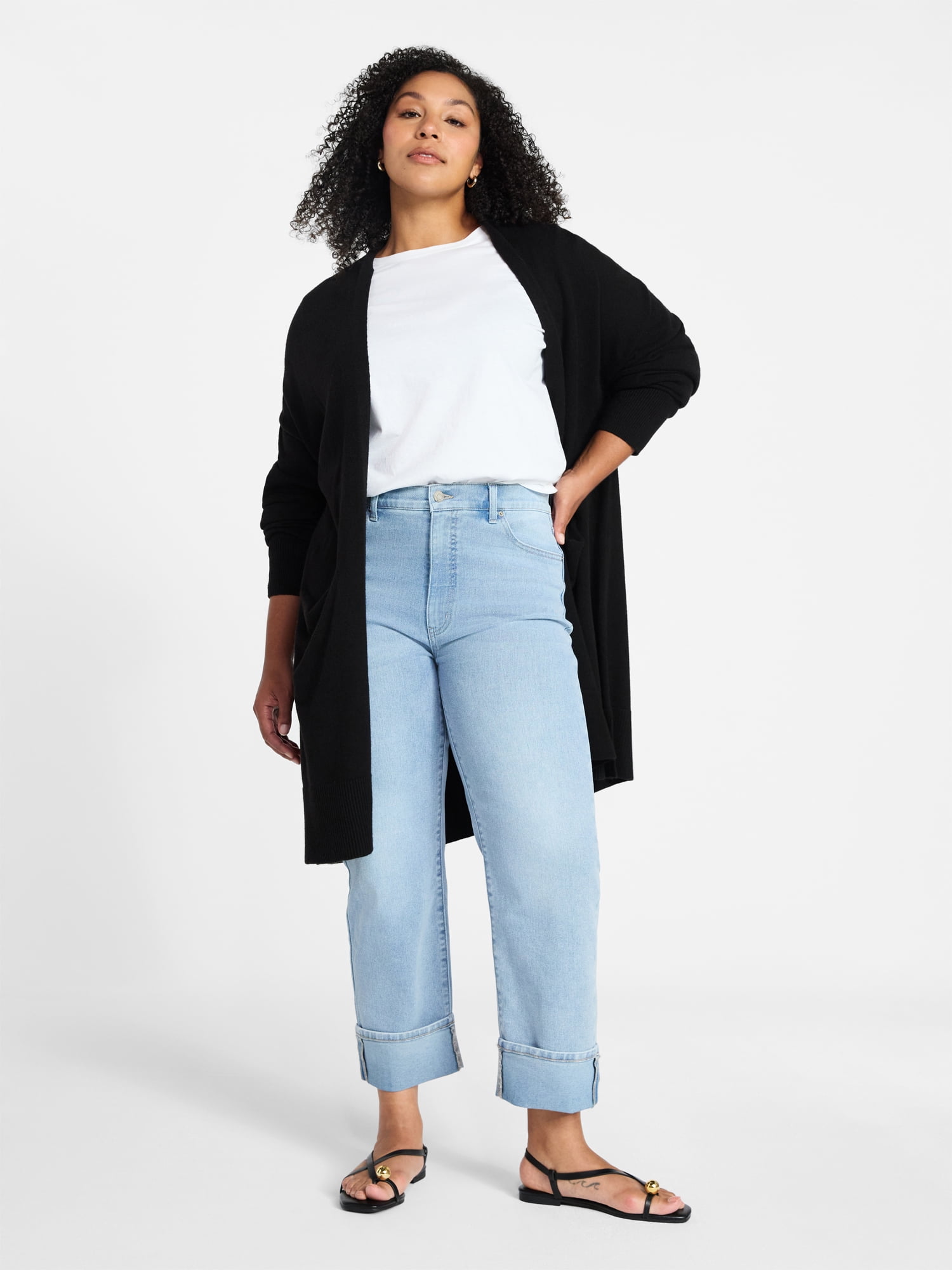 Time and Tru Women's High Rise Straight Leg Cuffed Jeans, 26.5" Inseam, Sizes 0-20