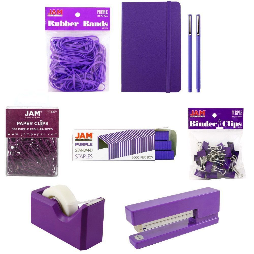 JAM Complete Desk Kit, Purple, 8/Pack, Stapler, Tape Dispenser, Staples