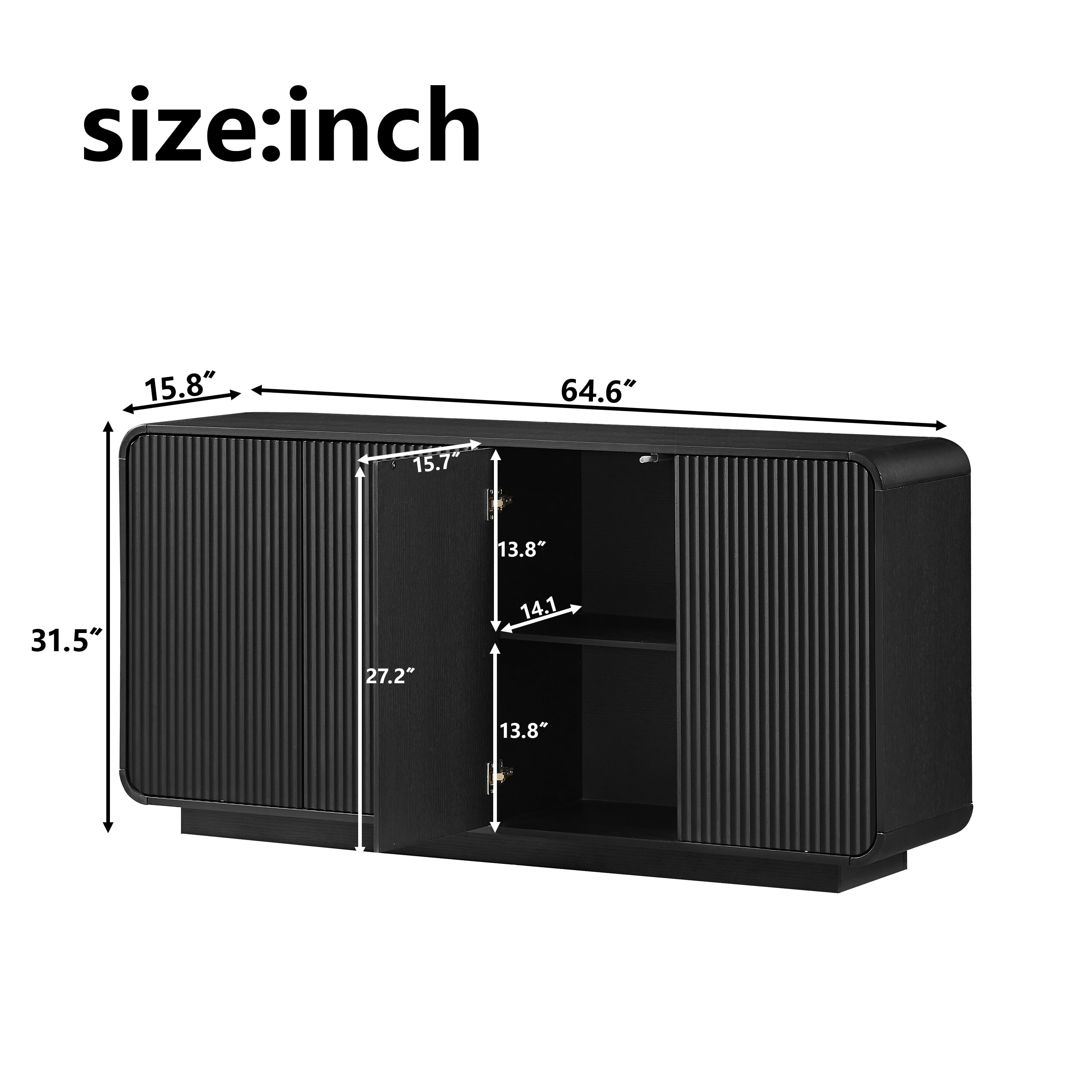 Buffet Sideboard Cabinet 64.6 Inch, Modern Vertical Fluted Entryway Cabinet with Soft-Close Doors, Waterproof Storage Cabinet for Living Room and Kitchen, Black