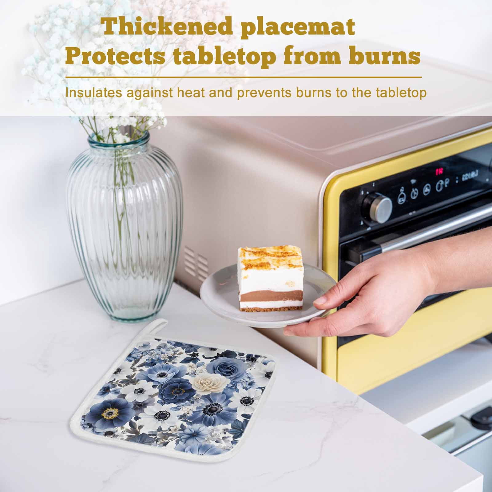 Blue Flower Pot Holders for Kitchen Heatproof Potholder, 5 Pack Vintage Ink Rose Floral Spring Botanical Hot Pads Multipurpose Oven Pads Cloth Potholders Trivet for Cooking Baking