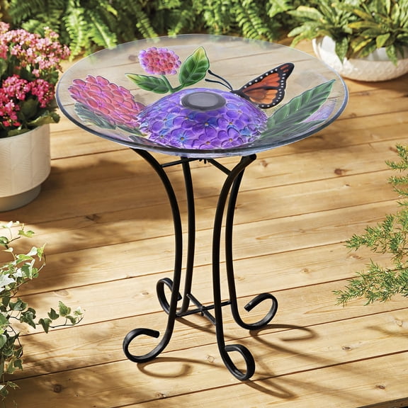 Hi-Line Gift Solar LED Glass Bird Bath with Stand, Floral
