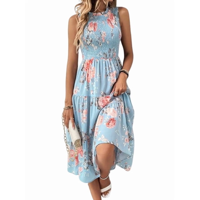 Women'S Summer Floral Mid-Length Dress Ruffle Sleeve Smocked Sundress Flowy Wedding Guest Dresses Flower XL