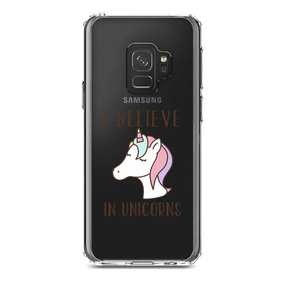 DistinctInk Clear Shockproof Hybrid Case for Samsung Galaxy S9 (5.8" Screen) - TPU Bumper Acrylic Back Tempered Glass Screen Protector - I Believe in Unicorns
