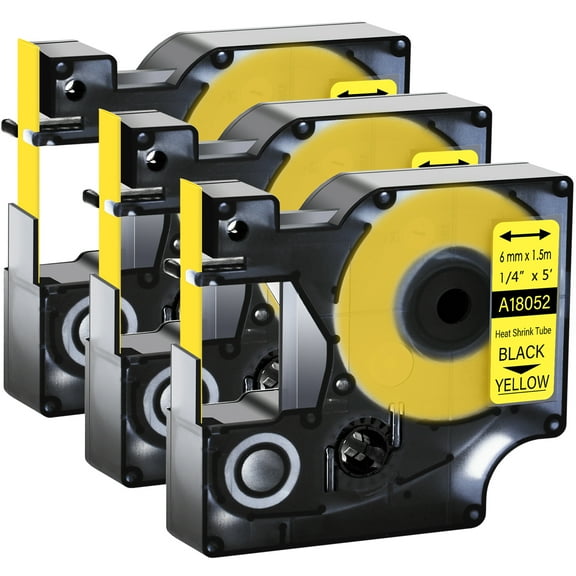 GREENCYCLE 3PK Industrial Rhino Heat Shrink Tubes Compatible for DYMO 18052 6mm 1/4" Black on Yellow Cable Label Tape