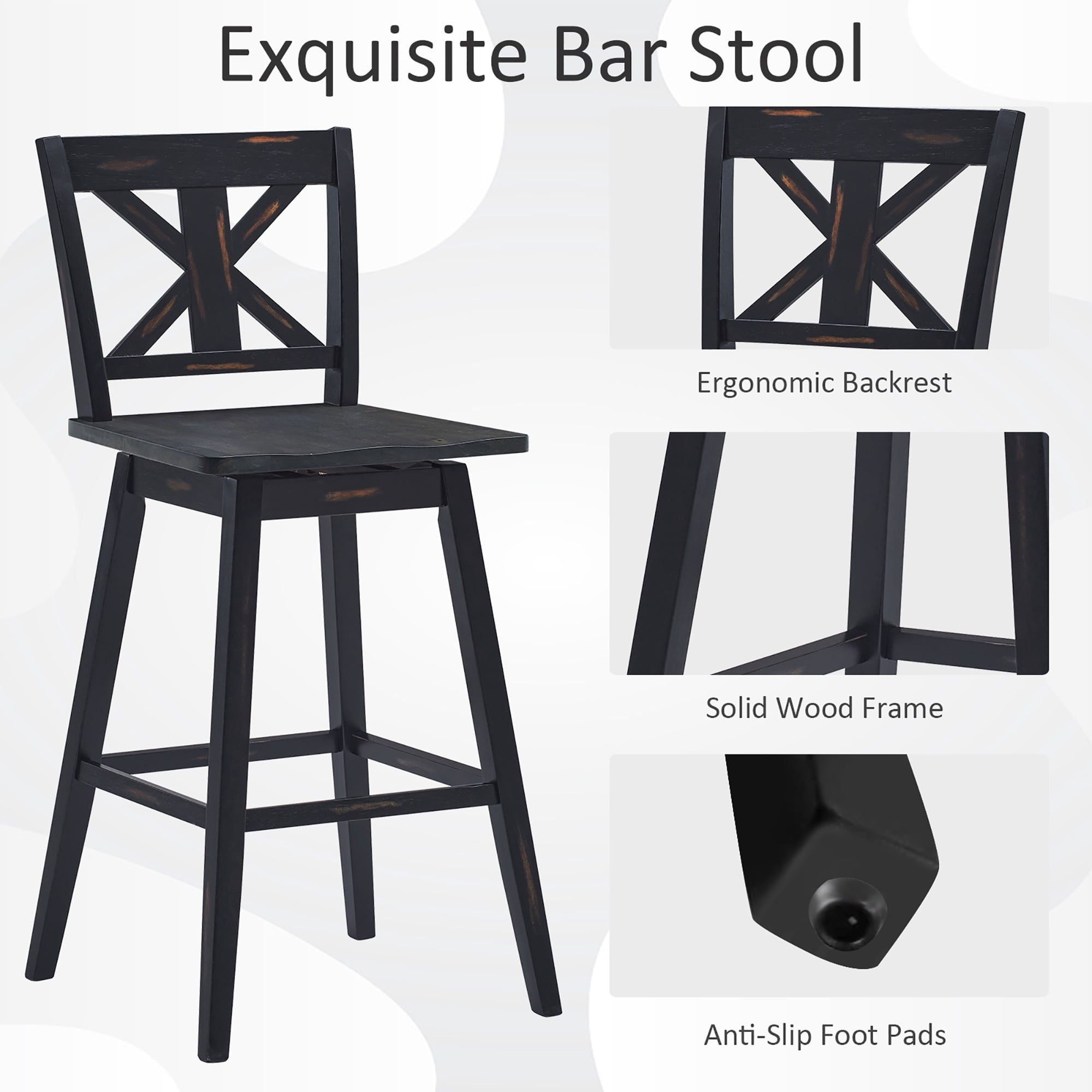 Costway Set of 2 Bar Stools Swivel Pub Height Chairs w/ Rubber Wood Legs Black