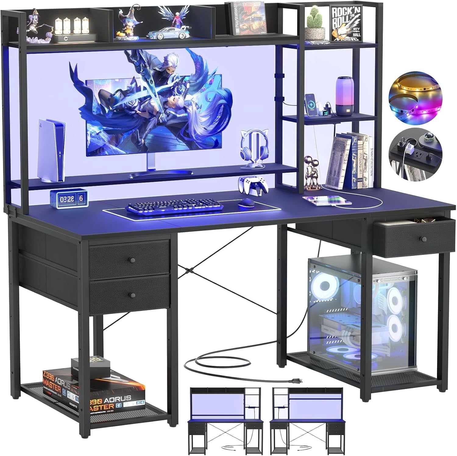 iSunirm Desk with LED Light and Power Outlet, 47.2'' Gaming Desk with Hutch, Reversible Computer Desk with Drawers, and Storage Bookshelf, Large Workstation Desk, for Home & Office, Black