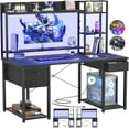 thumbnail image 5 of iSunirm Desk with LED Light and Power Outlet, 47.2'' Gaming Desk with Hutch, Reversible Computer Desk with Drawers, and Storage Bookshelf, Large Workstation Desk, for Home & Office, Black, 5 of 9