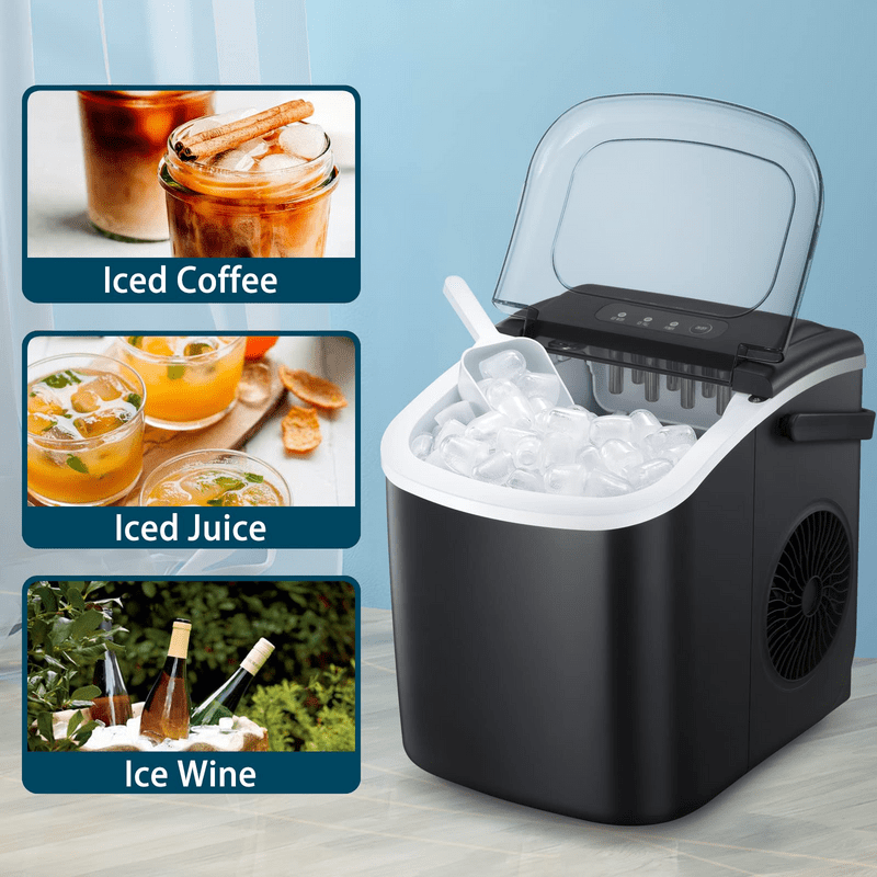 YUKOOL Desktop Ice Maker,Portable,9pcs/6-13min,26lbs/24H,Self Cleaning,With Ice Scoop,Black