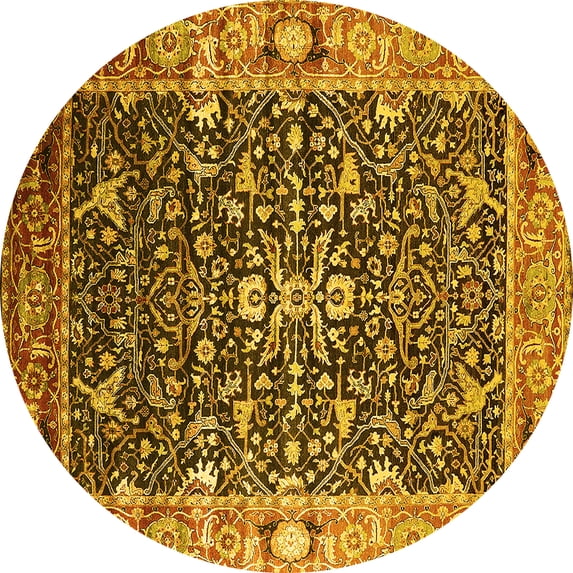 Ahgly Company Machine Washable Indoor Round Oriental Yellow Industrial Area Rugs, 6' Round
