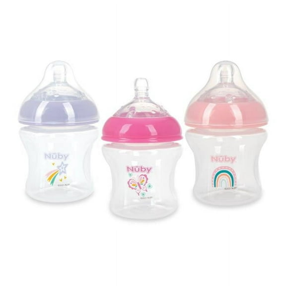 Nuby 3-Pack Infant Feeding Bottles with Slow Flow Breast Size Silicone Nipple: 0  Months, 6oz, 3 Pack Set: Delicate Star, Rainbow, Butterfly Prints