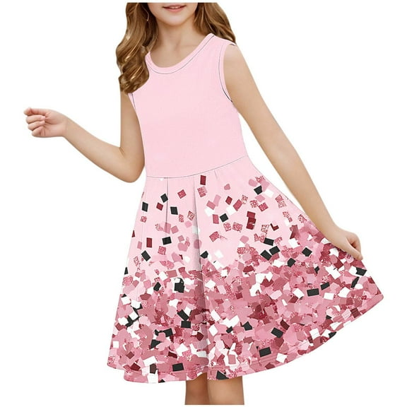 Riecok Girls Cute Summer Dress Sequin Print Sleeveless Round Neck for Tween Big Kids (3-14 Years) Waist-Cinching Outfit Pink 13 Years